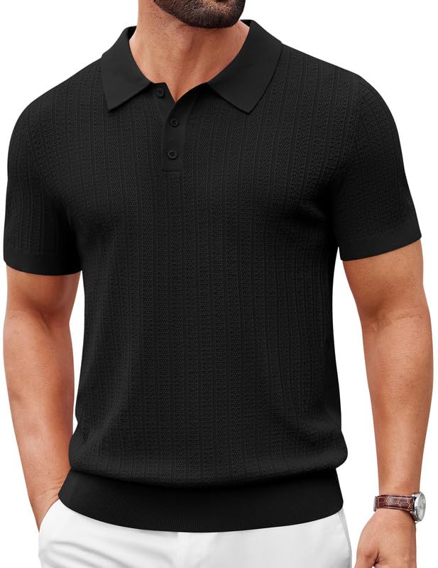 COOFANDY Mens Polo Shirts Textured Knit Short Sleeve Stretch Casual Shirts