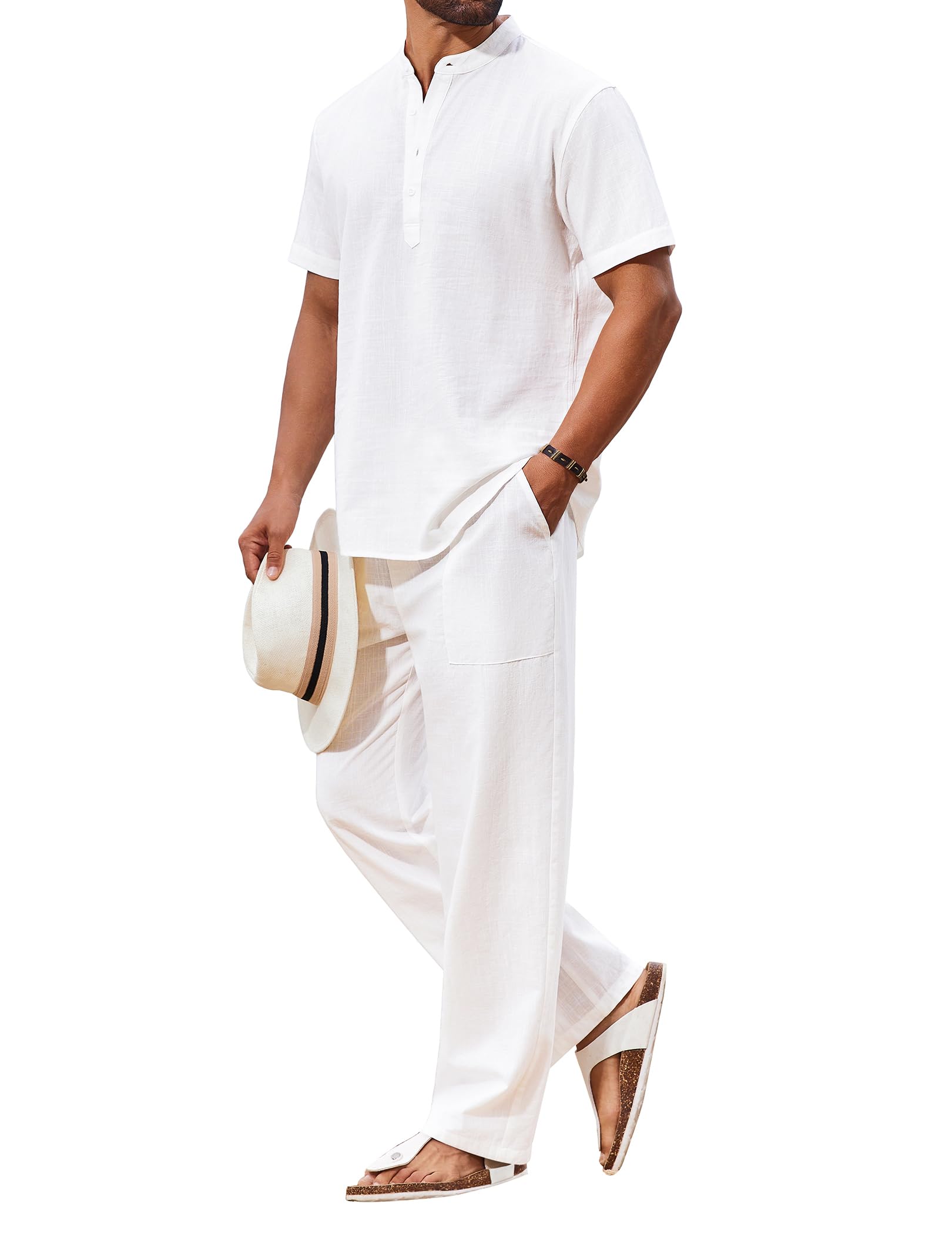 COOFANDY Men's 2 Piece Cotton Linen Sets Beach Outfits Pants and Shirt Set