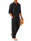 COOFANDY Mens 2 Piece Outfits Long Sleeve Button Down Cuban Shirt and Pants Set Summer Beach Sets