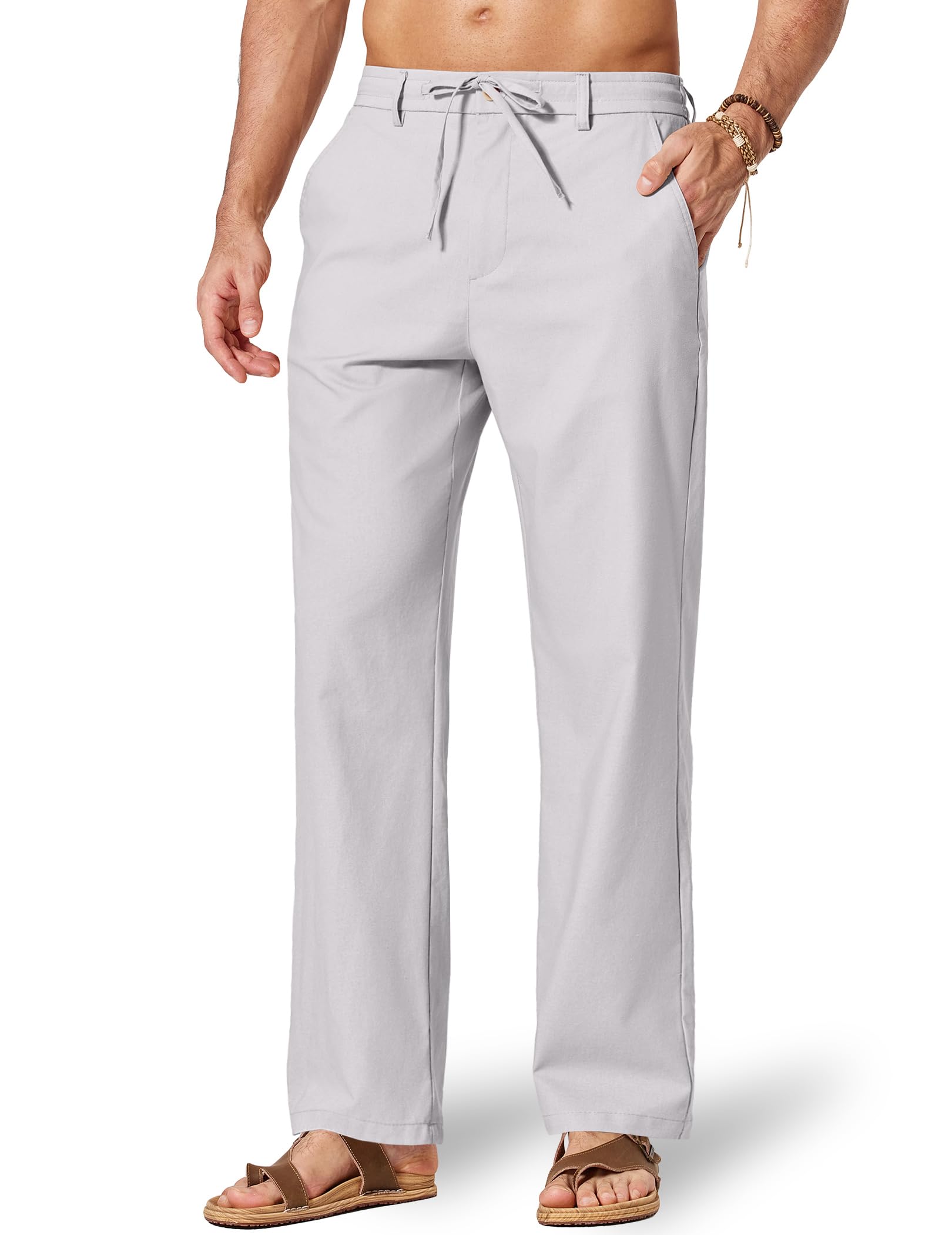 COOFANDY Men's Cotton Linen Pants Casual Drawstring Dress Pants Beach Summer Lightweight Trousers