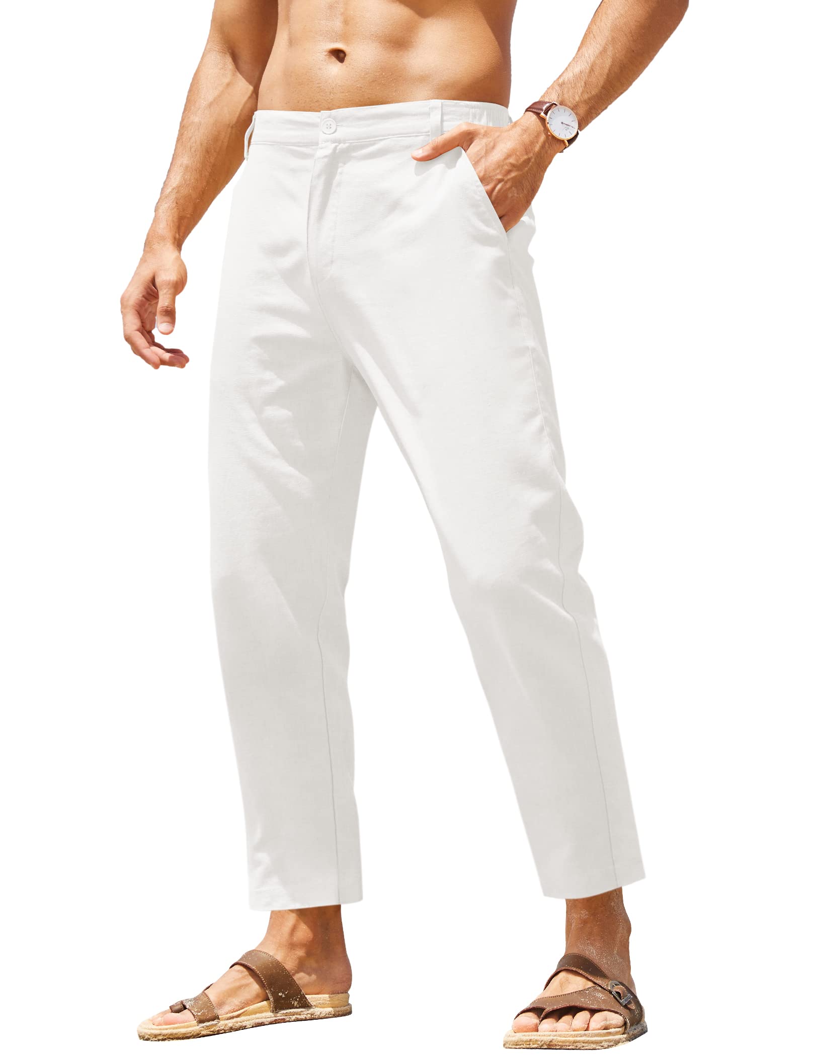 COOFANDY Men's Cotton Linen Pants Elastic Waist Lightweight Casual Pants Relaxed Fit Yoga Beach Pants with Pockets