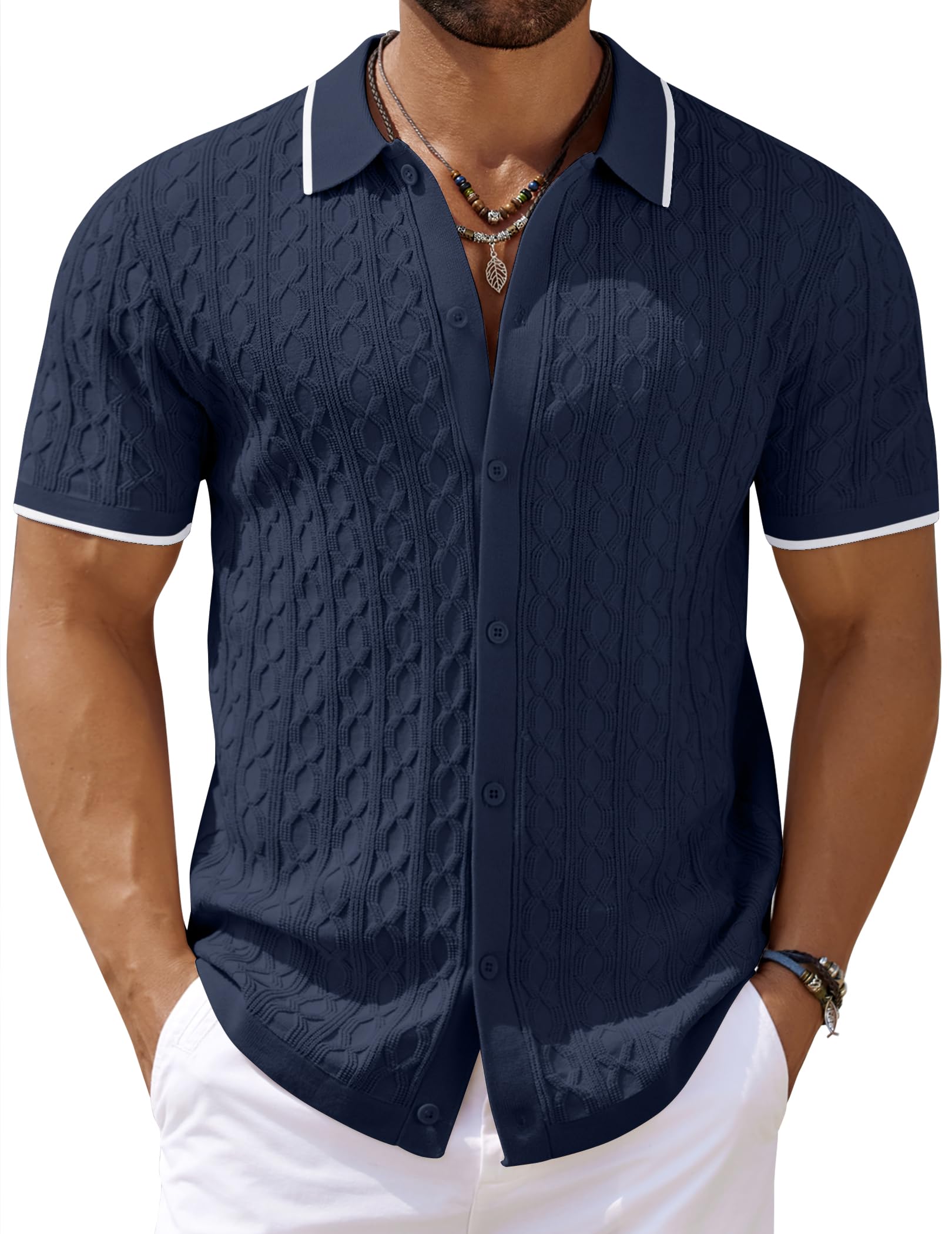 COOFANDY Men's Knit Short Sleeve Shirts Button Down Summer Polo Shirt