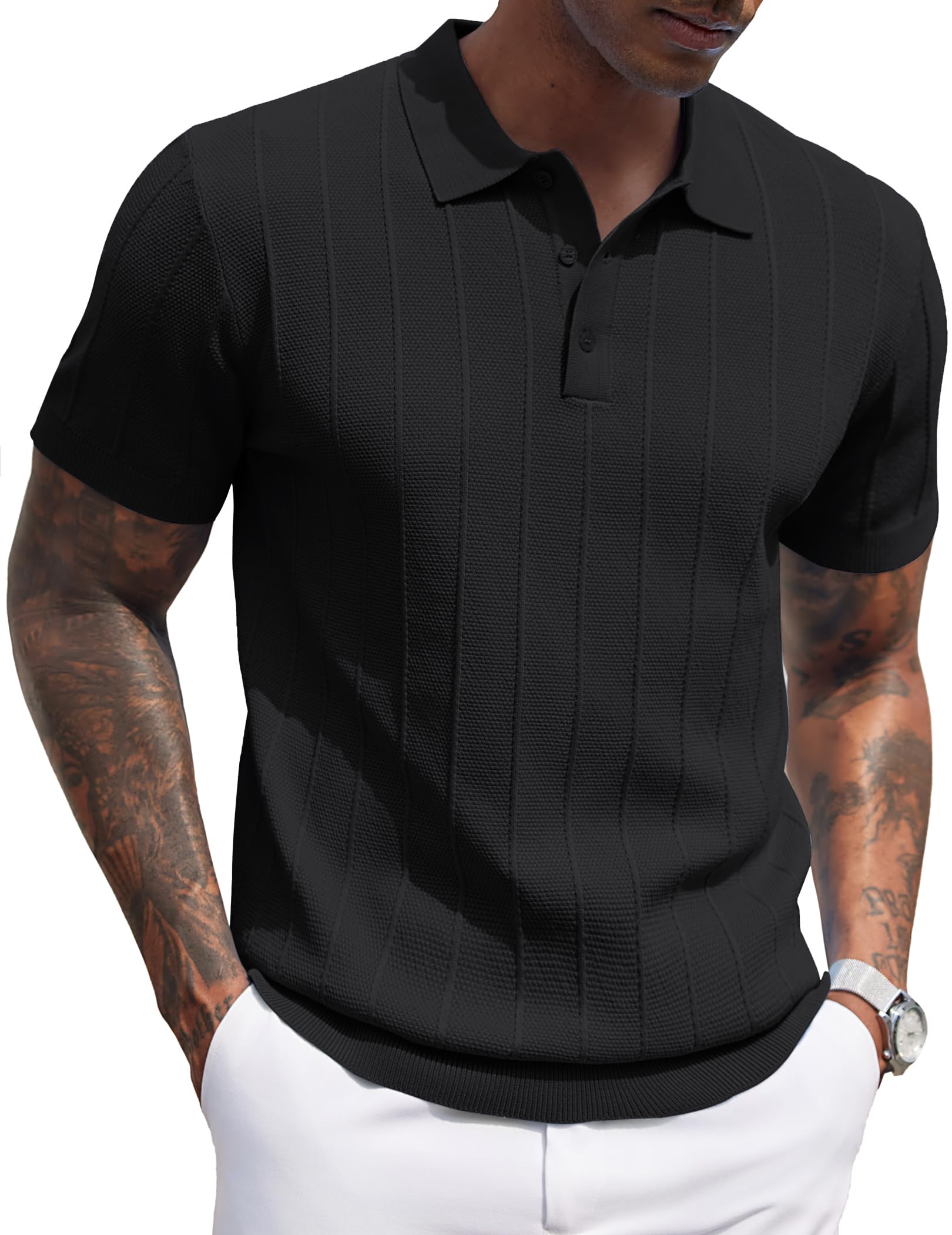 COOFANDY Mens Knit Polo Shirts Short Sleeve Ribbed Textured Polo Shirt Lightweight Casual Golf Shirts Collared T Shirt