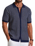 COOFANDY Mens Knit Button Down Shirts Short Sleeve Polo Shirt Vintage Striped Casual Shirts