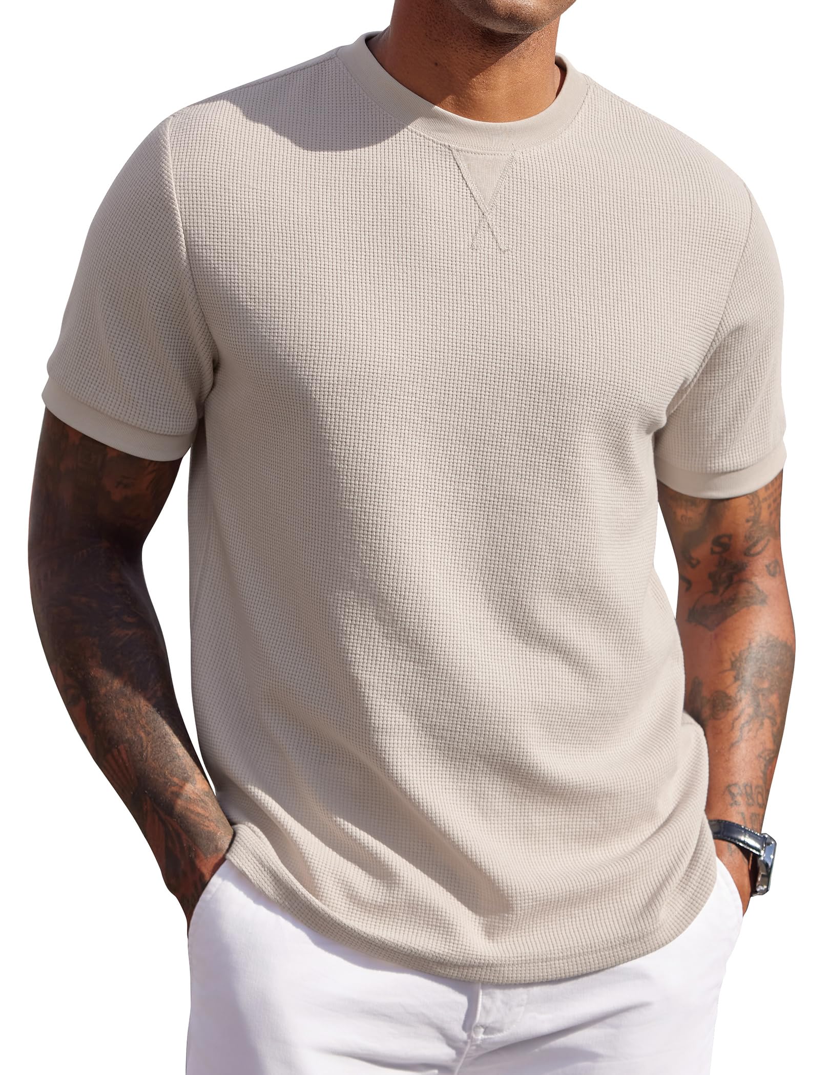 COOFANDY Men's Waffle T-Shirts Short Sleeve Casual Crew Neck Shirt Summer Plain Pullover Tees