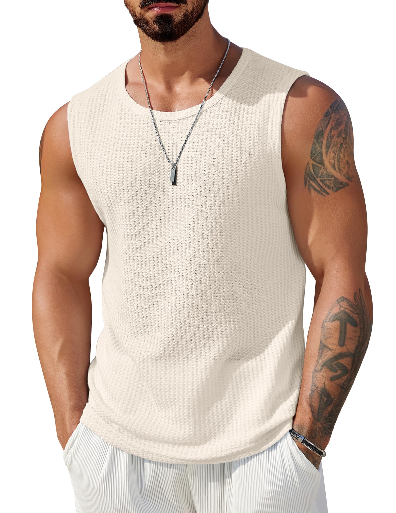 COOFANDY Mens Casual Tank Tops 2 Pack Waffle Knit Sleeveless Shirt Breathable Tank Shirts Summer Muscle Tee