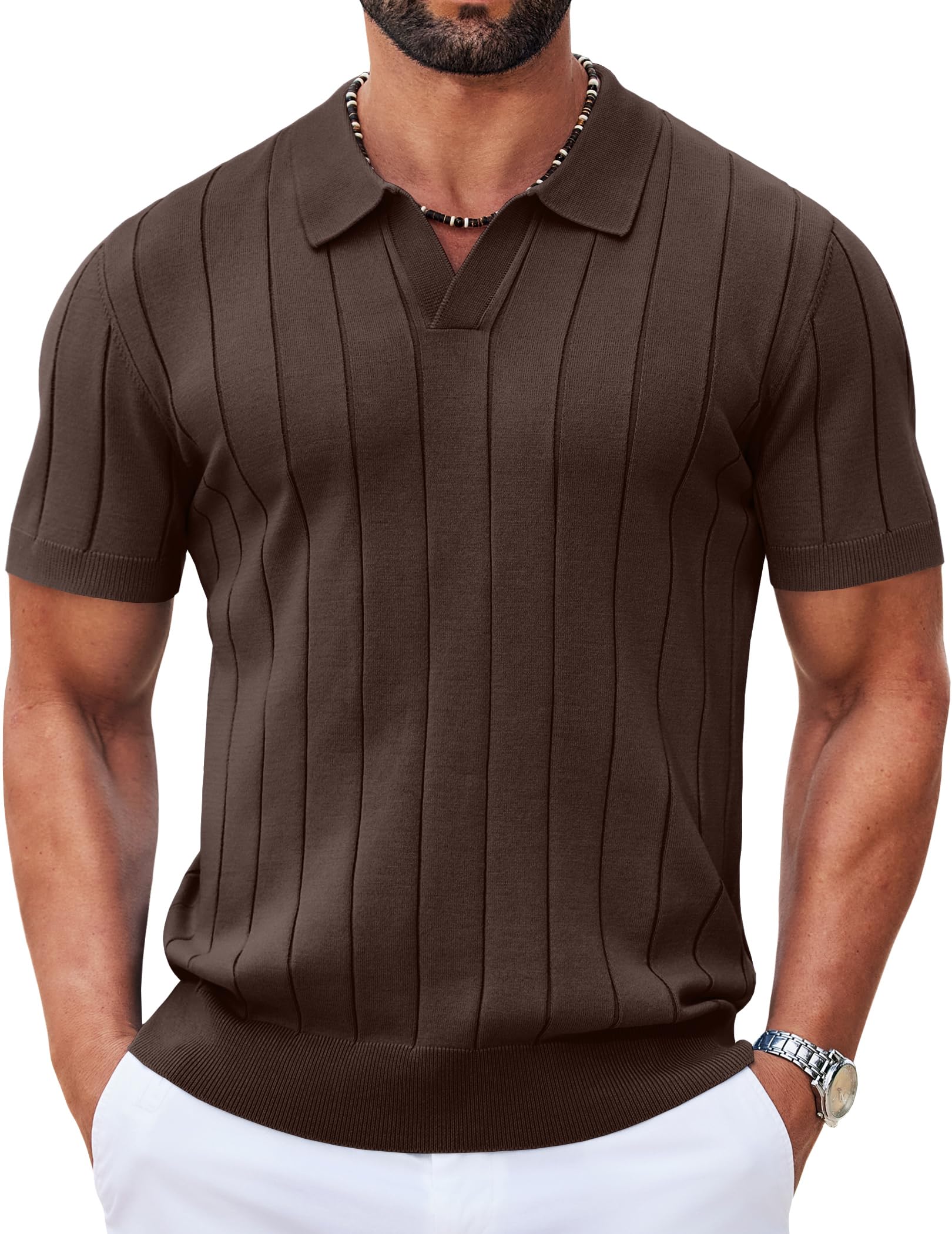 COOFANDY Mens Polo Shirts Short Sleeve V Neck Knit Shirts for Men Casual Old Money Clothes Mens Golf Shirt