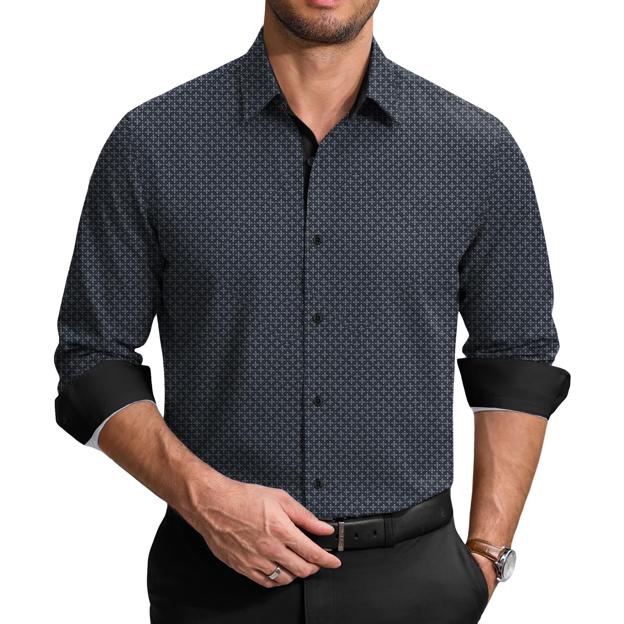 COOFANDY Men's Printed Dress Shirts Long Sleeve Business Button Down Shirt Contrast Collar Shirts for Men