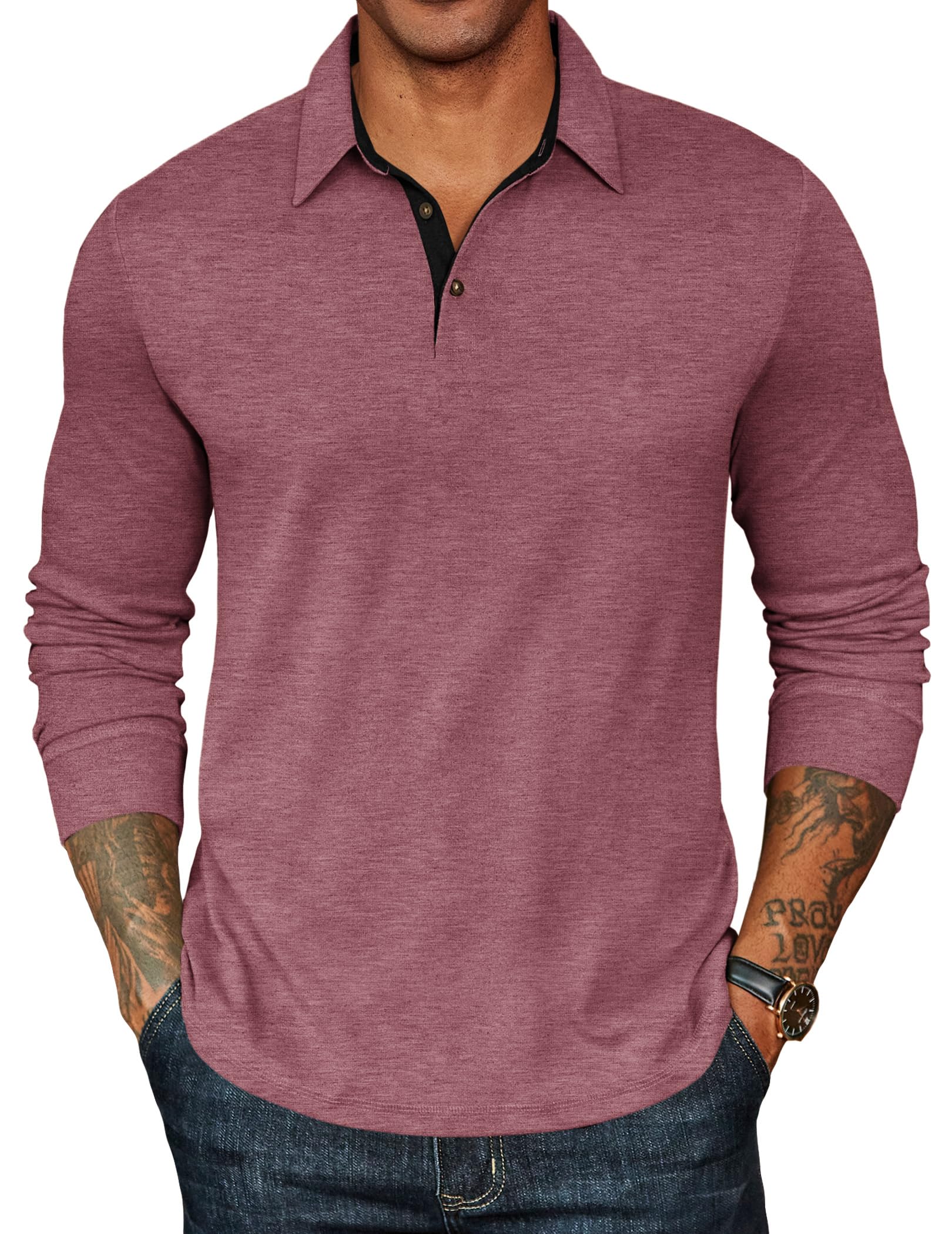 COOFANDY Mens Long Sleeve Polo Shirts Classic Casual Button Polo Tee