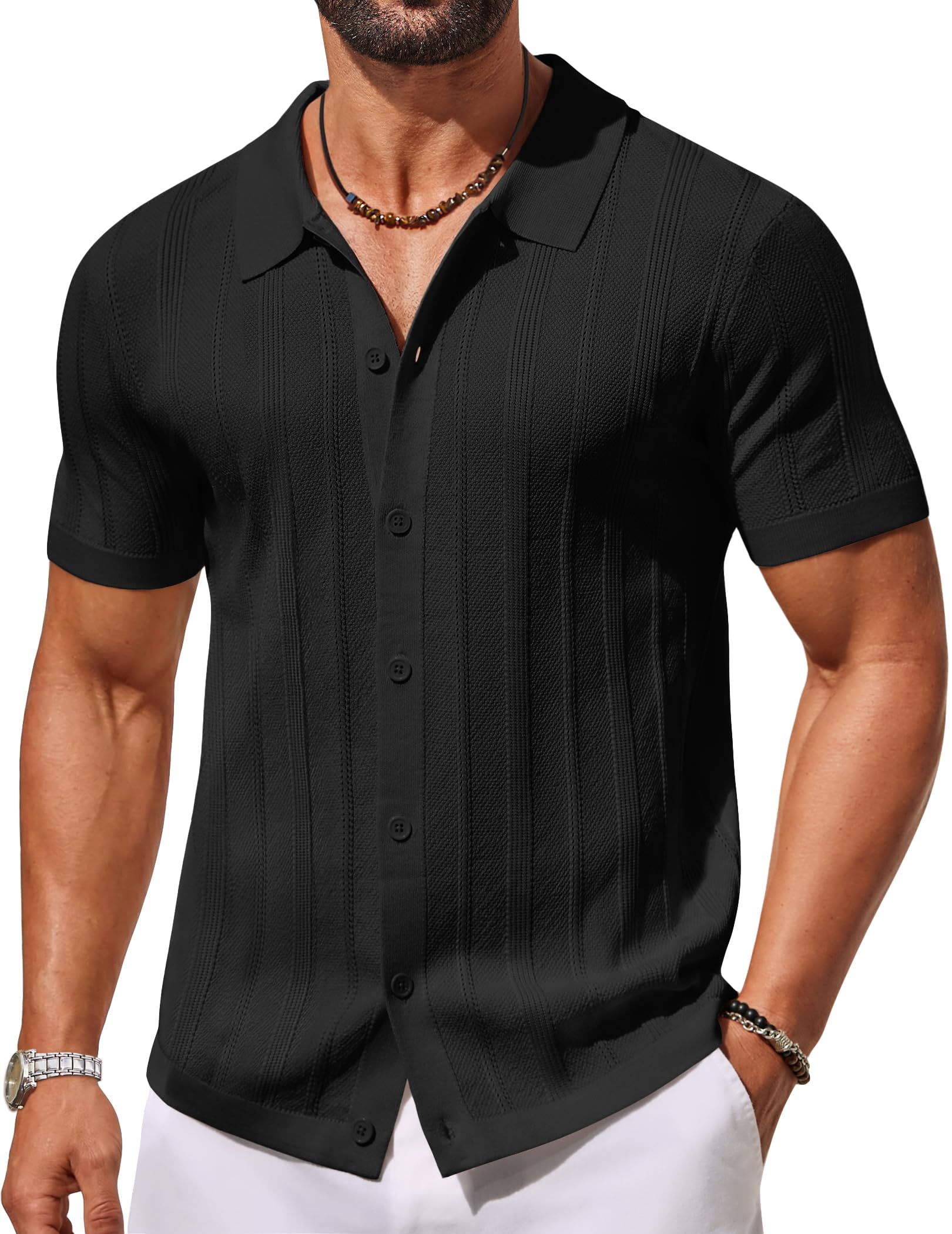 COOFANDY Men's Knit Button Down Shirts Short Sleeve Polo Shirt for Vacation